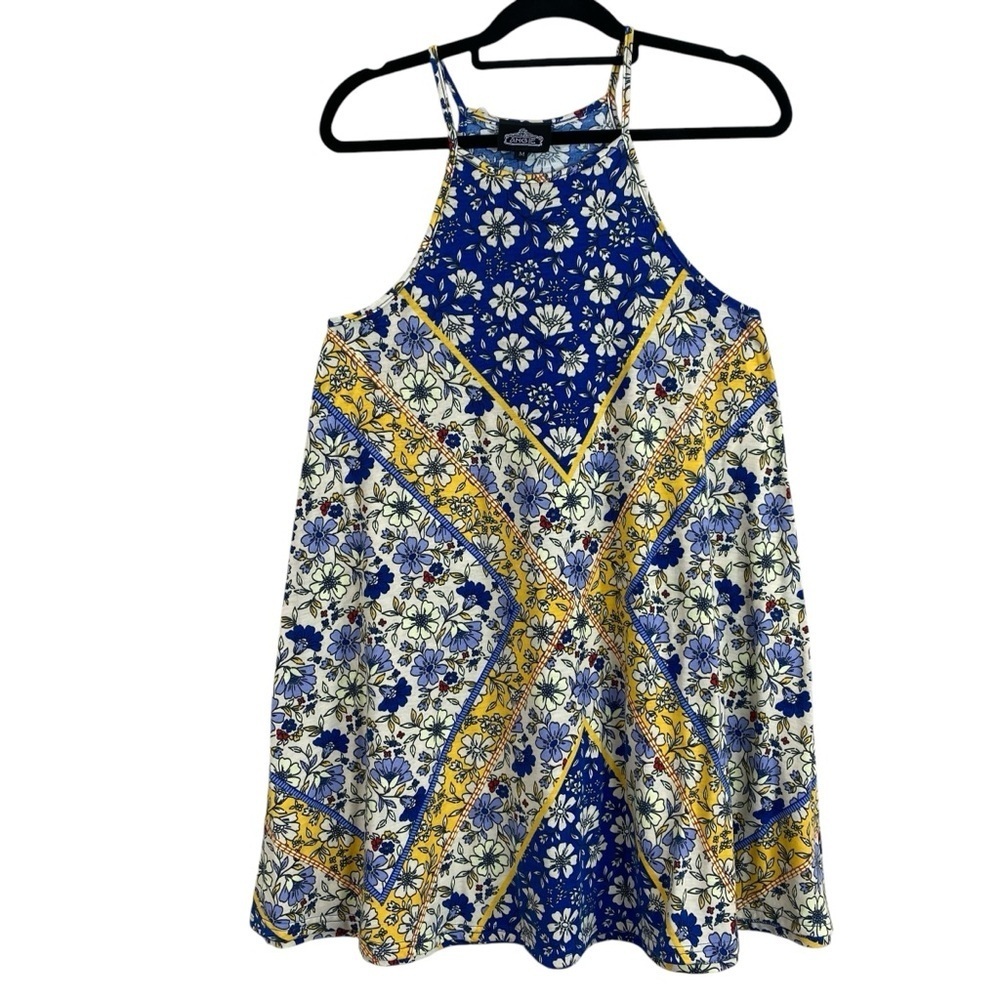 Angie Women’s Boho Blue & Yellow Floral Mini Halter Sundress Sz M‎